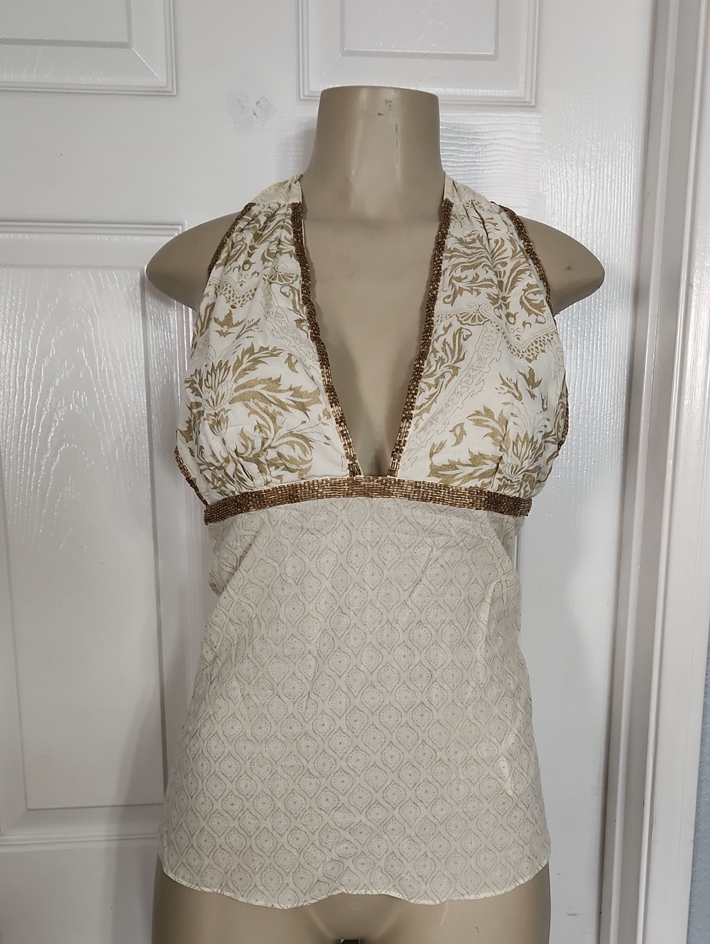 One-Shoulder Ivory Halter Top with Gold Accents